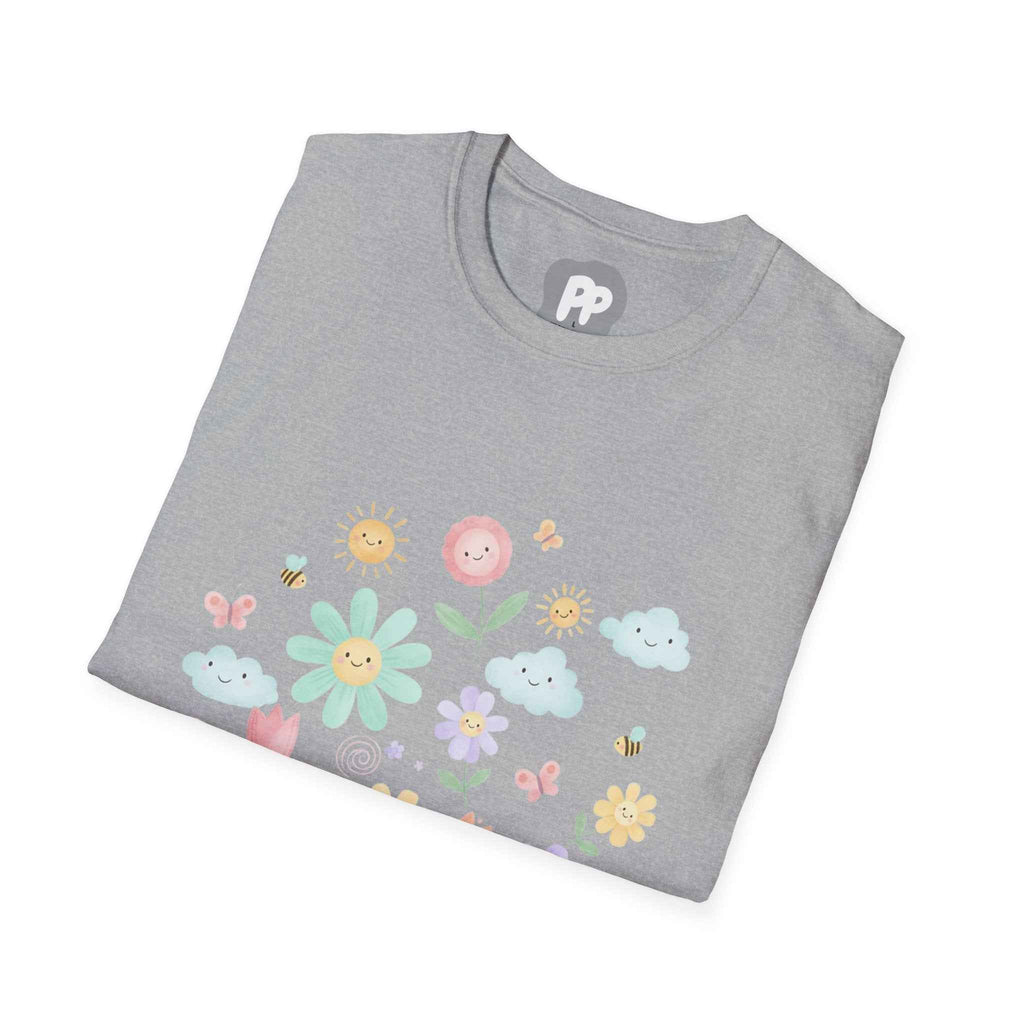 Floral Smile Garden T-Shirt | Pastel Flowers & Happy Clouds Tee