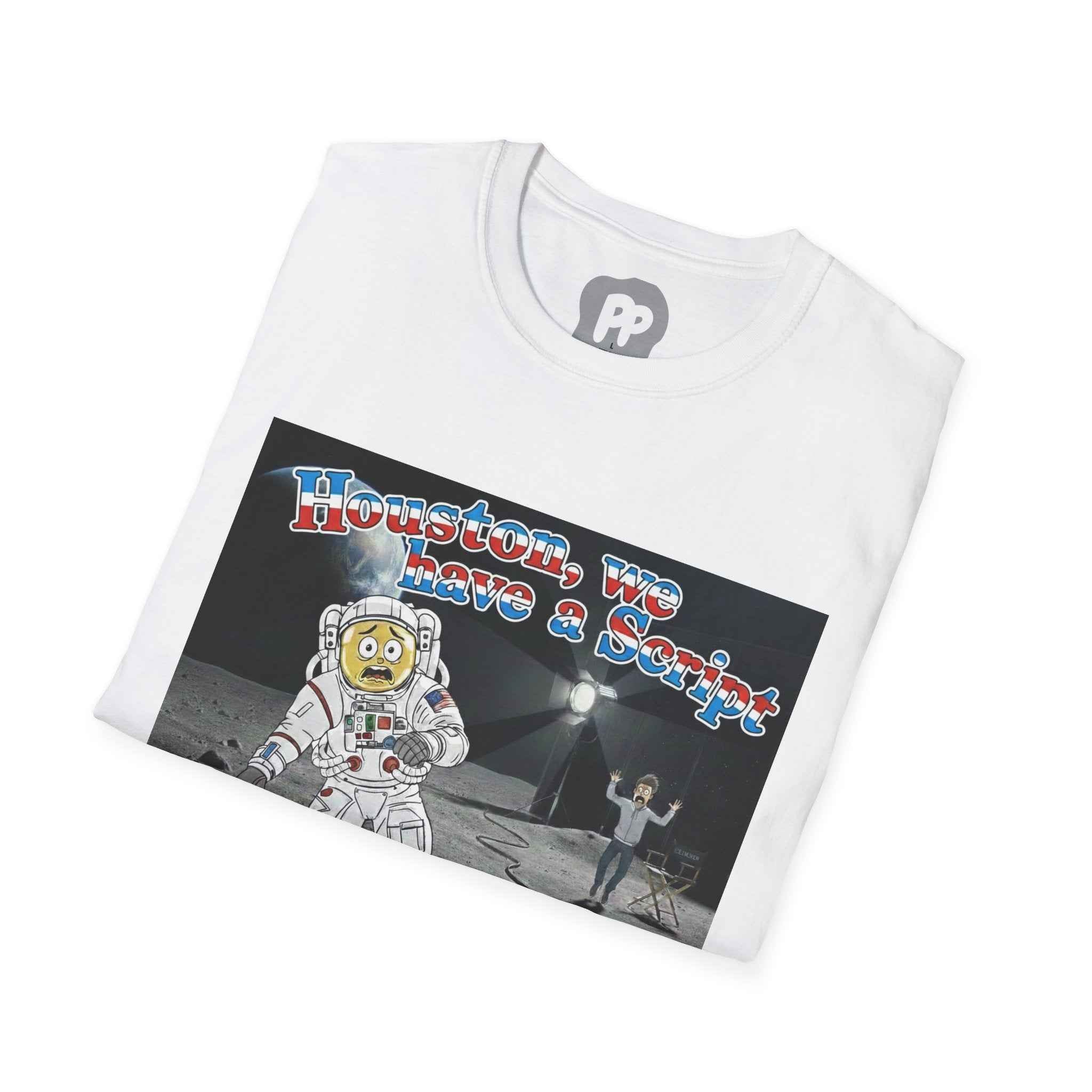 Houston We Have a Script T-Shirt | Astronaut Moon Scene, Retro Space Graphic