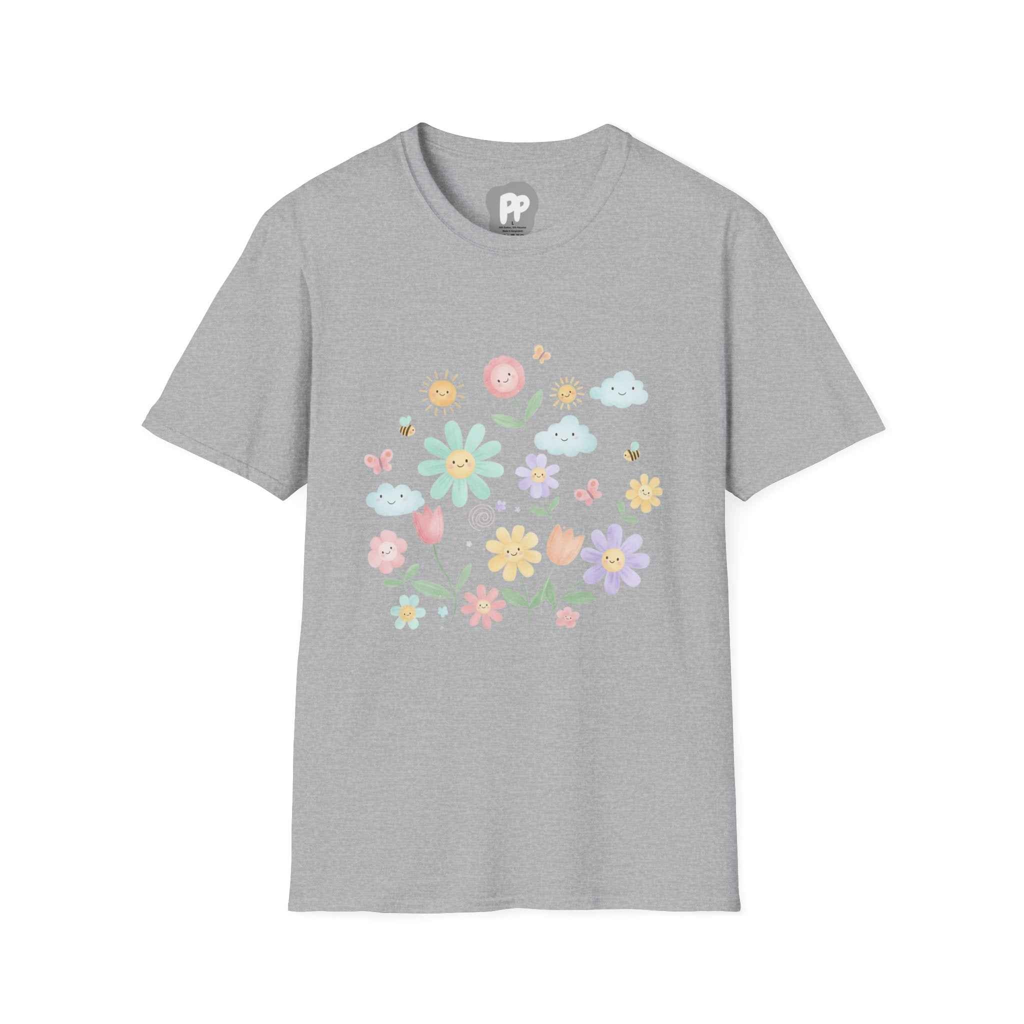 Floral Smile Garden T-Shirt | Pastel Flowers & Happy Clouds Tee