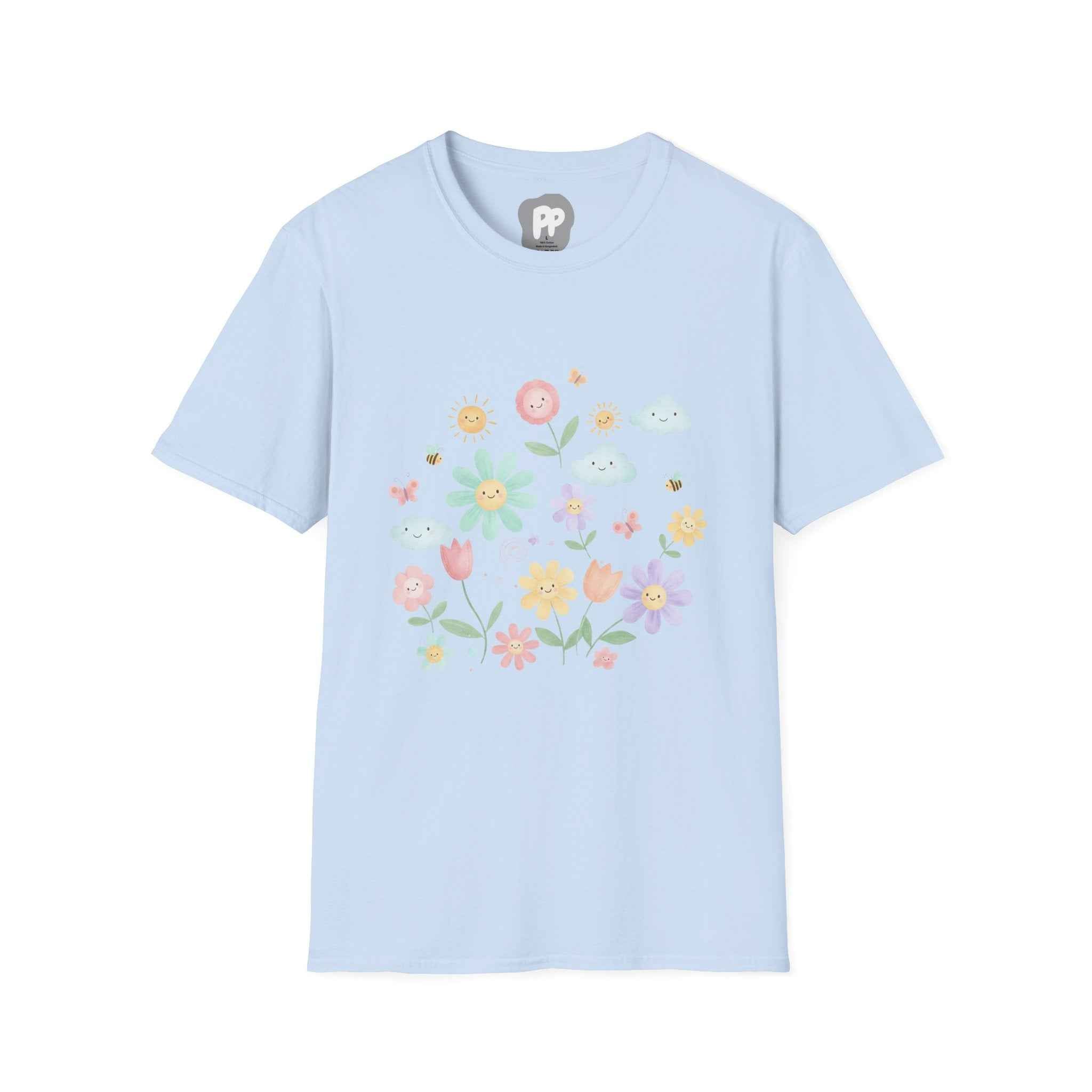 Floral Smile Garden T-Shirt | Pastel Flowers & Happy Clouds Tee