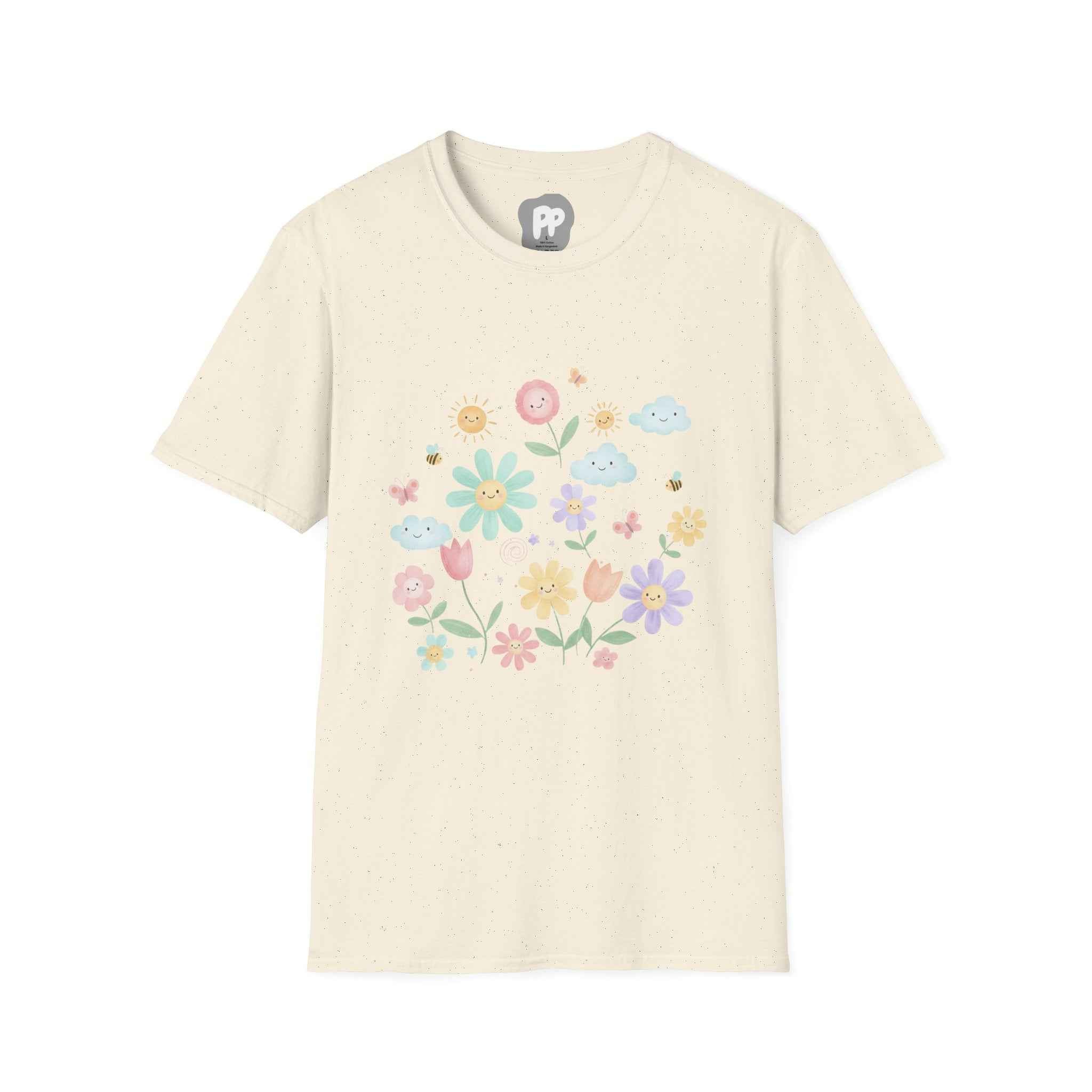 Floral Smile Garden T-Shirt | Pastel Flowers & Happy Clouds Tee