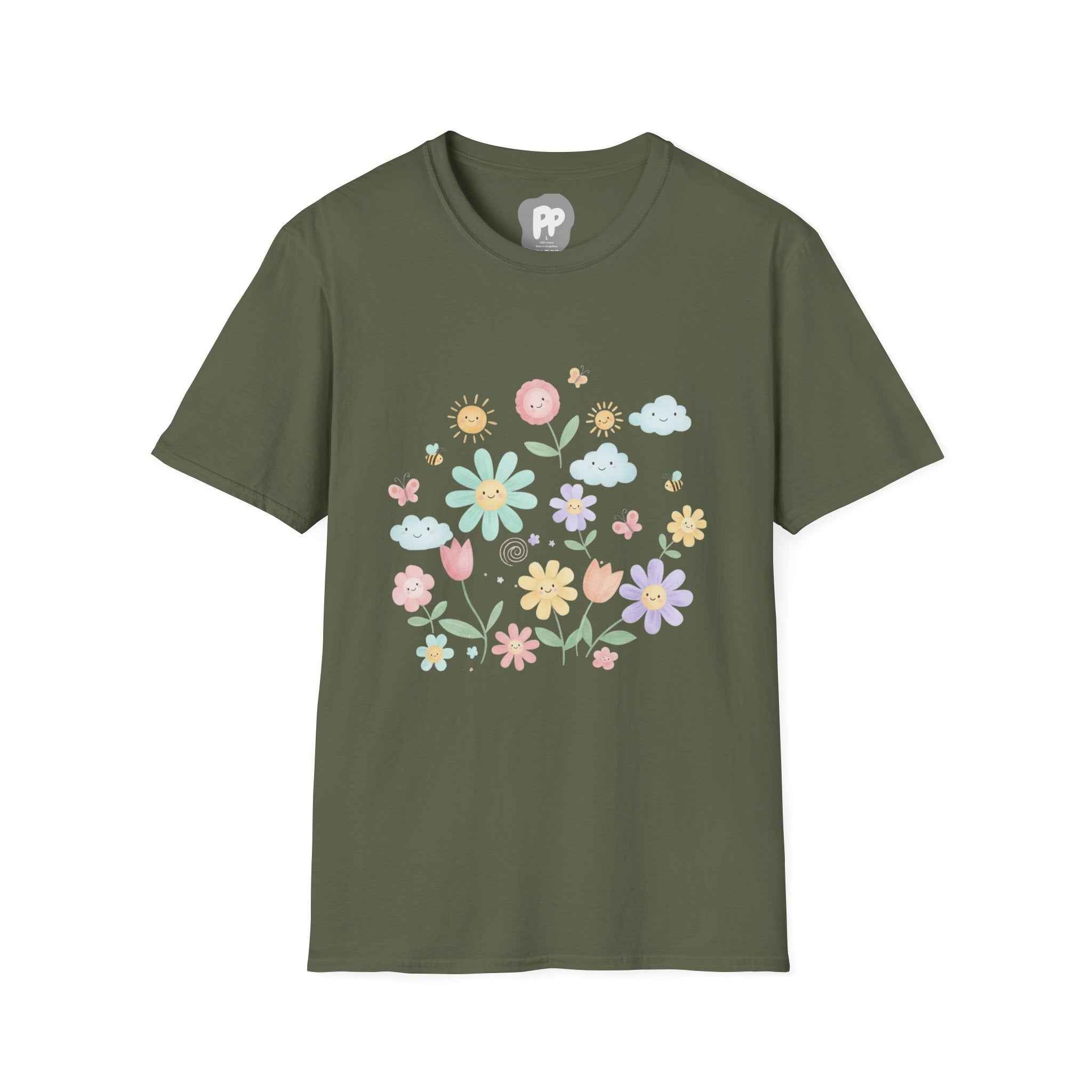 Floral Smile Garden T-Shirt | Pastel Flowers & Happy Clouds Tee