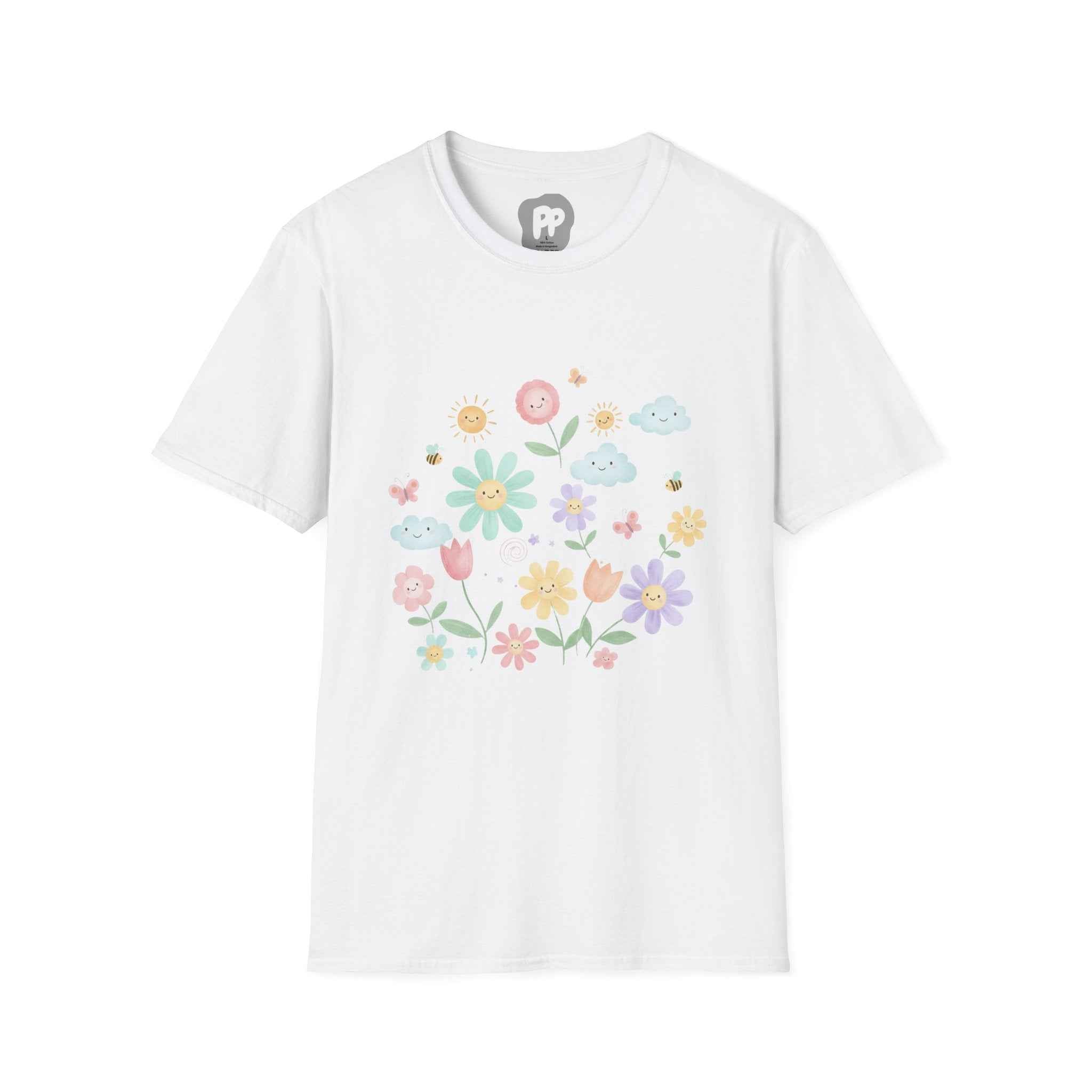 Floral Smile Garden T-Shirt | Pastel Flowers & Happy Clouds Tee