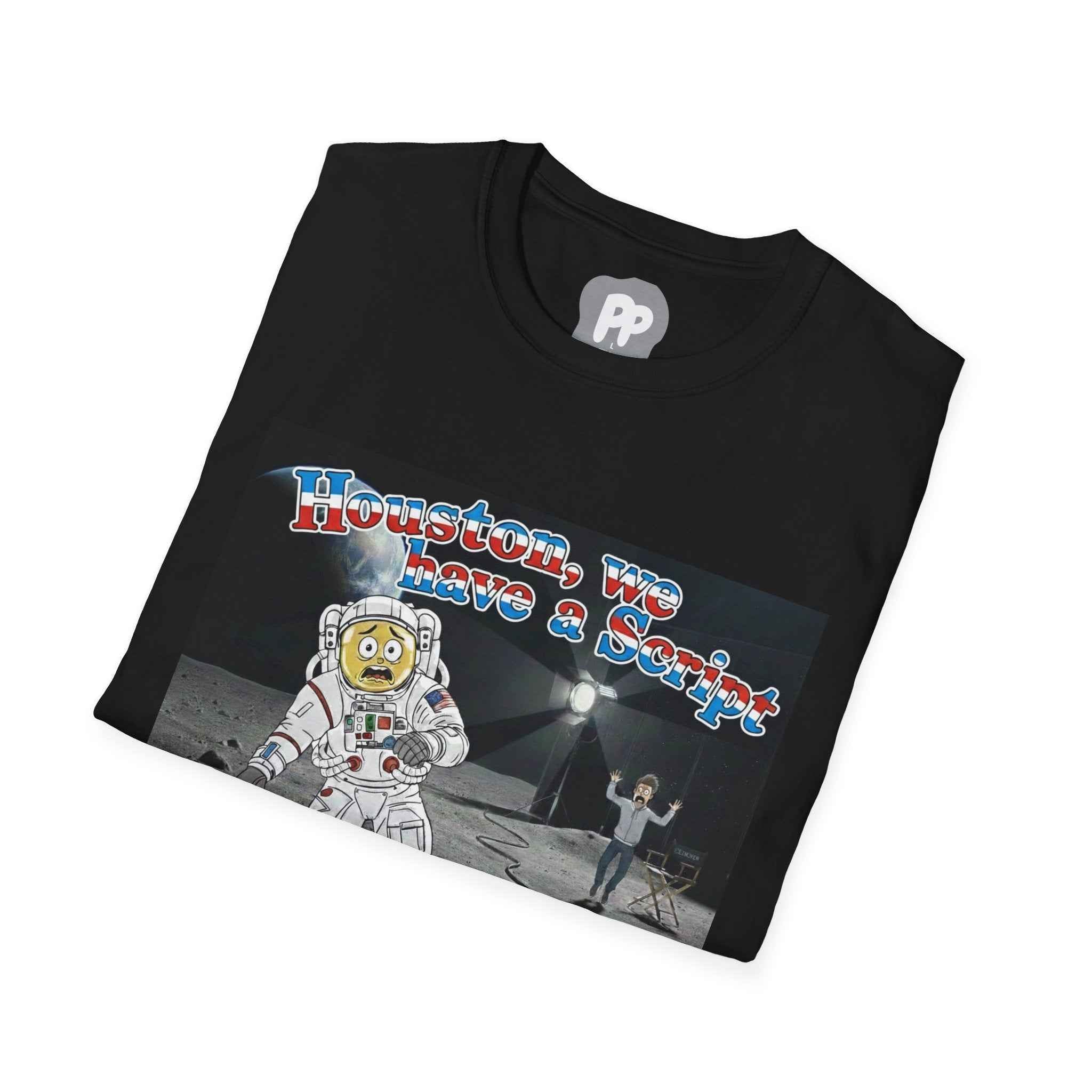 Houston We Have a Script T-Shirt | Astronaut Moon Scene, Retro Space Graphic