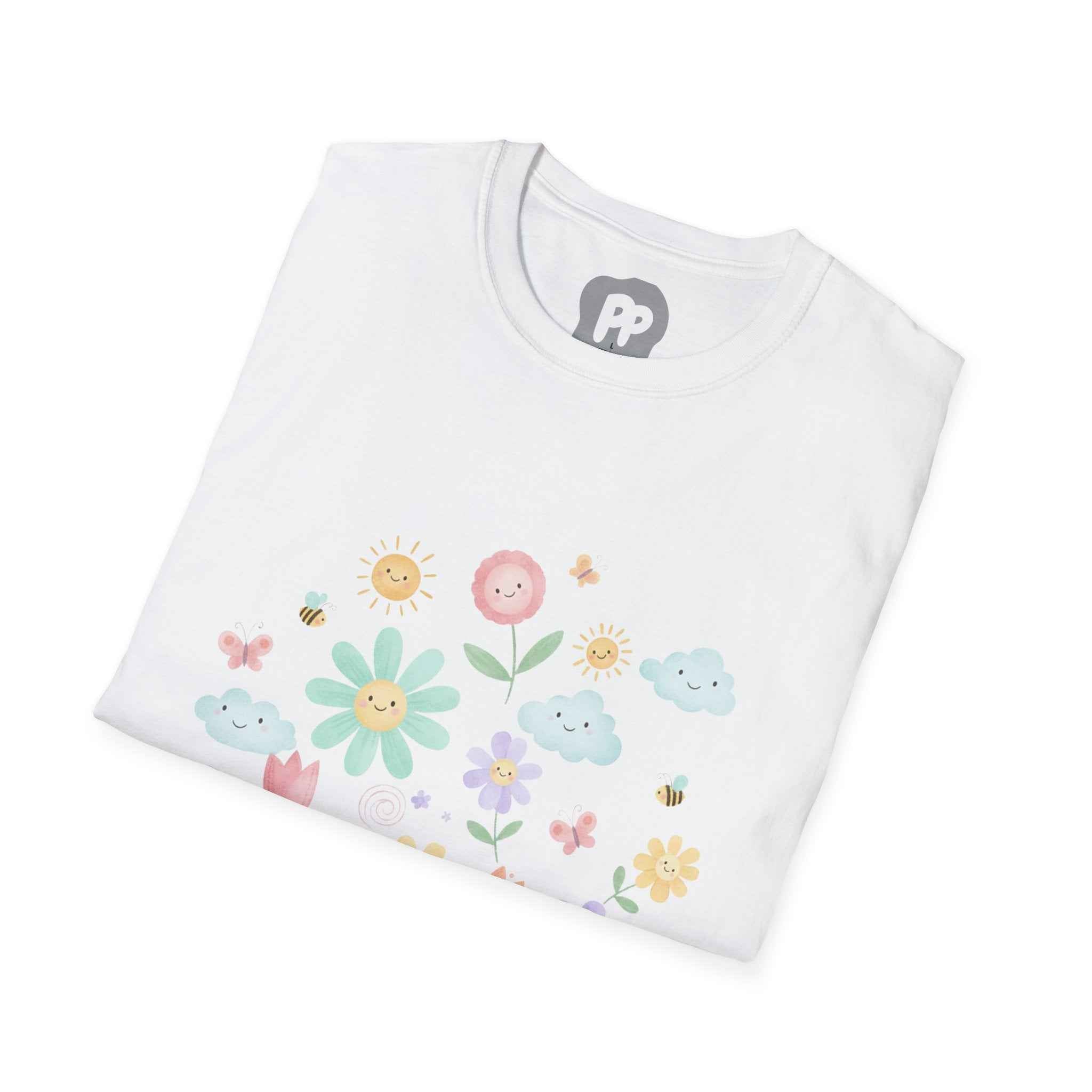 Floral Smile Garden T-Shirt | Pastel Flowers & Happy Clouds Tee