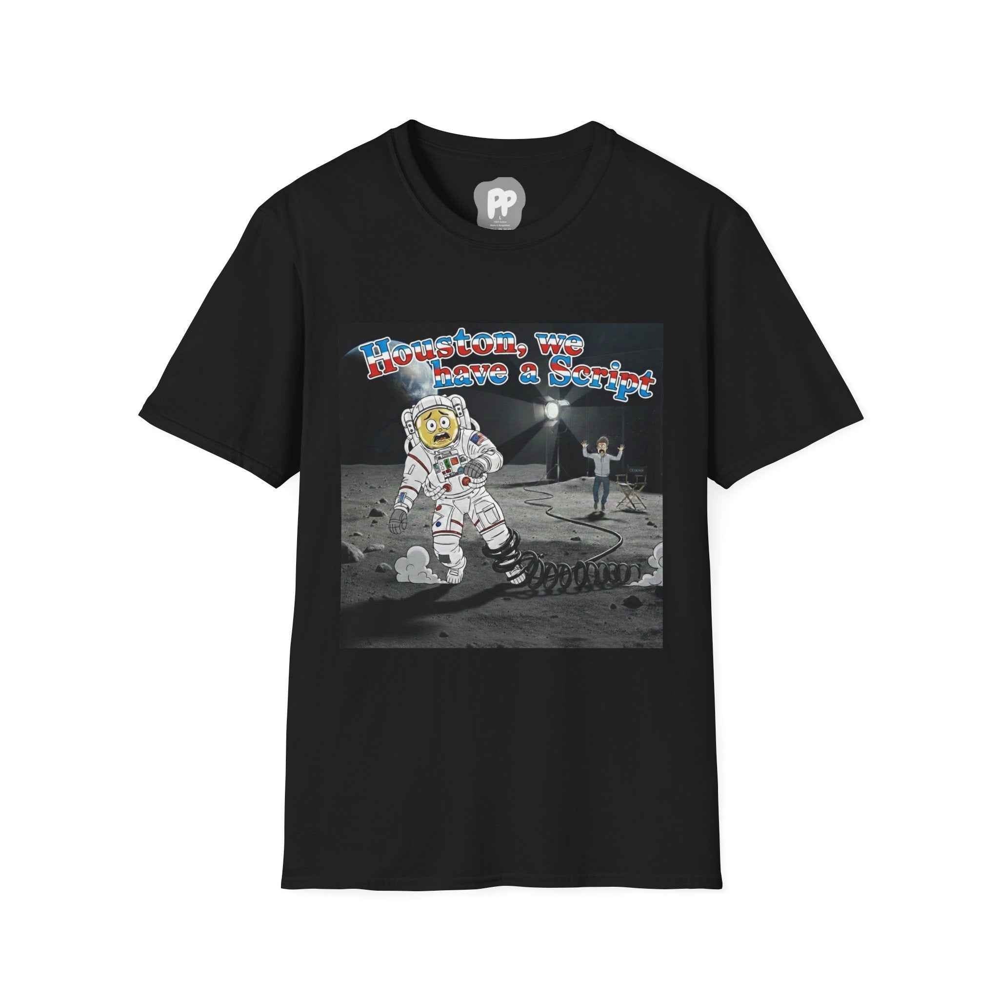 Houston We Have a Script T-Shirt | Astronaut Moon Scene, Retro Space Graphic