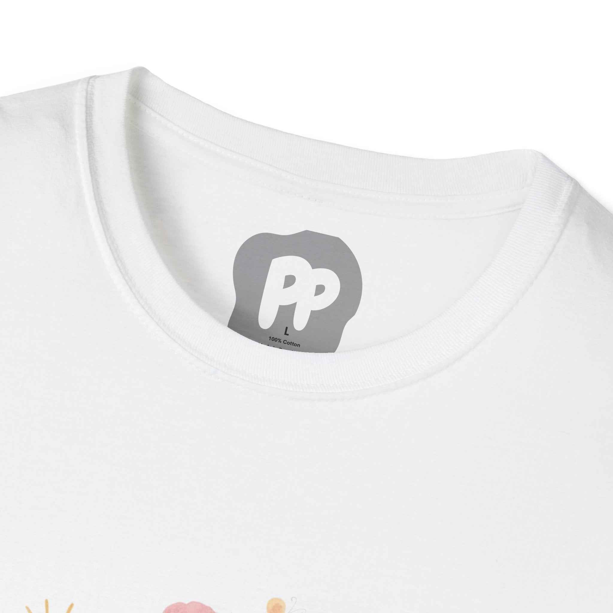 Floral Smile Garden T-Shirt | Pastel Flowers & Happy Clouds Tee