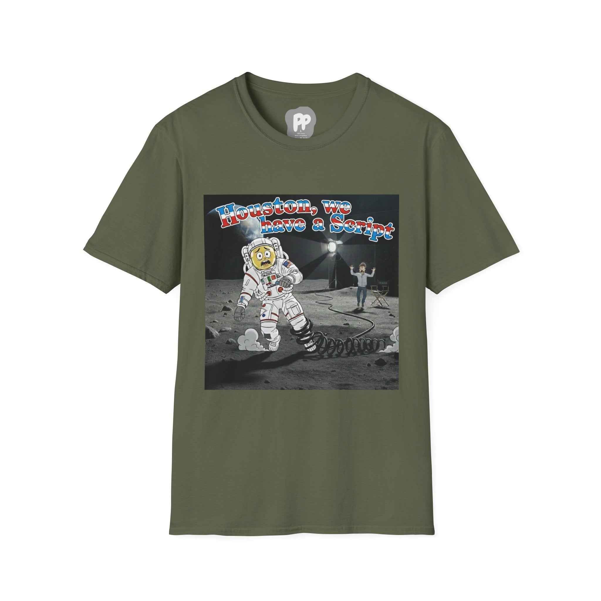 Houston We Have a Script T-Shirt | Astronaut Moon Scene, Retro Space Graphic